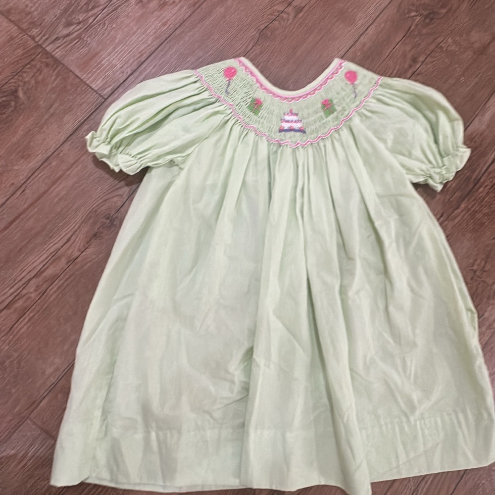 Green Smocked Dress with Pink Embroidery